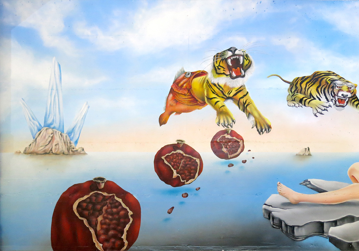 mural painting based on a masterpiece from Dali. Painted inside a modern and luxury swiss chalet / left side